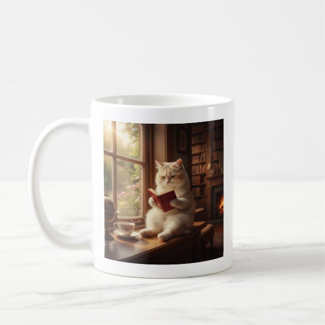 Cute Cat Reading Coffee Mug (Left)