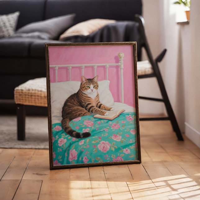 Cute Cat Reading In Bed Wall Art Poster Print (Creator Uploaded)