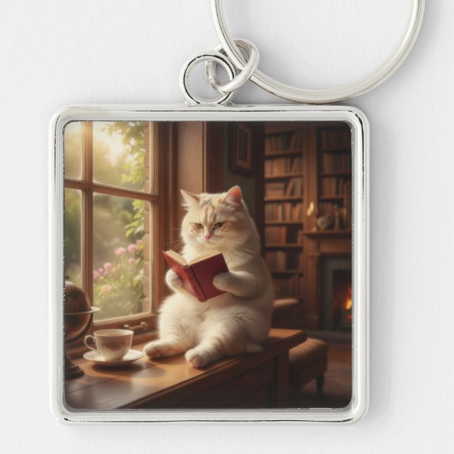 Cute Cat Reading Key Ring (Front)