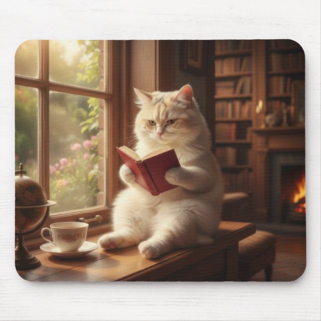 Cute Cat Reading Mouse Pad (Front)