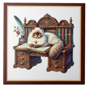 Cute cat reading nook library book lovers ceramic tile