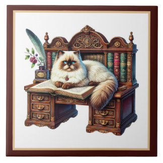 Cute cat reading nook library book lovers  ceramic tile