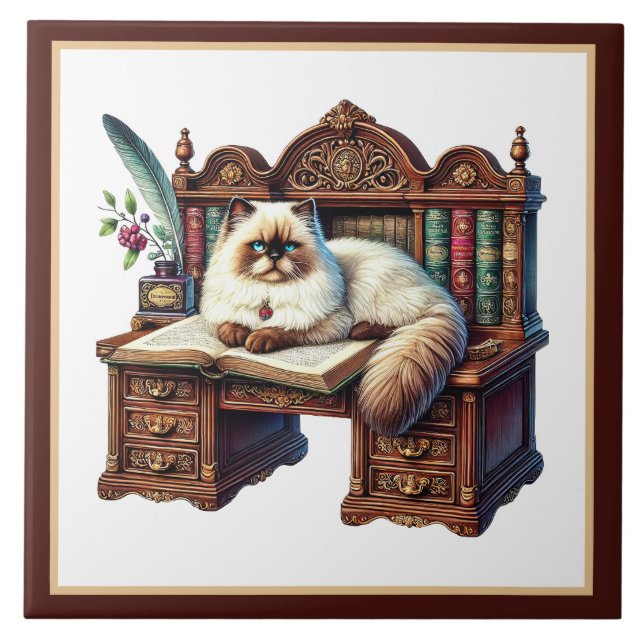 Cute cat reading nook library book lovers  ceramic tile (Front)