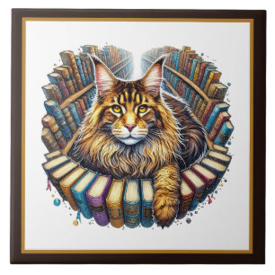 Cute cat reading nook library book lovers ceramic tile