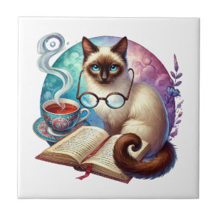 Cute cat reading nook library book lovers ceramic tile