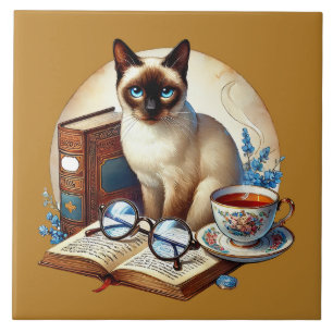 Cute cat reading nook library book lovers ceramic tile