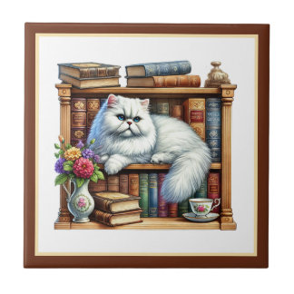 Cute cat reading nook library book lovers  ceramic tile