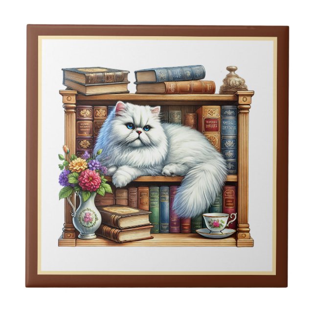 Cute cat reading nook library book lovers  ceramic tile (Front)