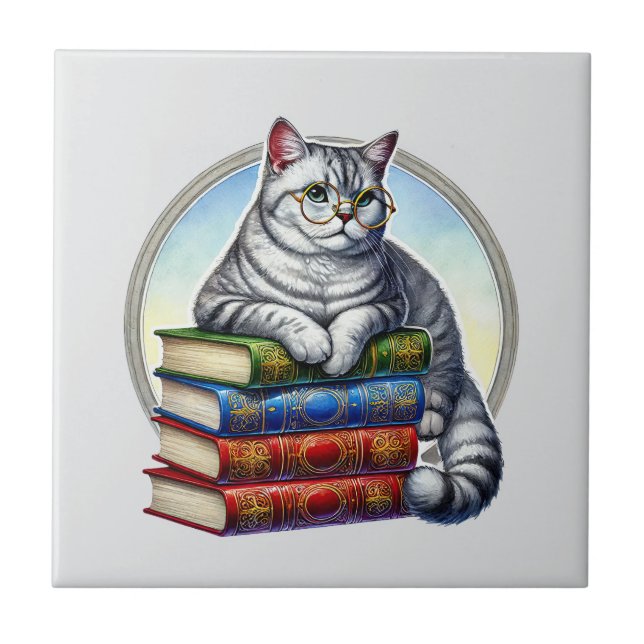 Cute cat reading nook library book lovers  ceramic tile (Front)