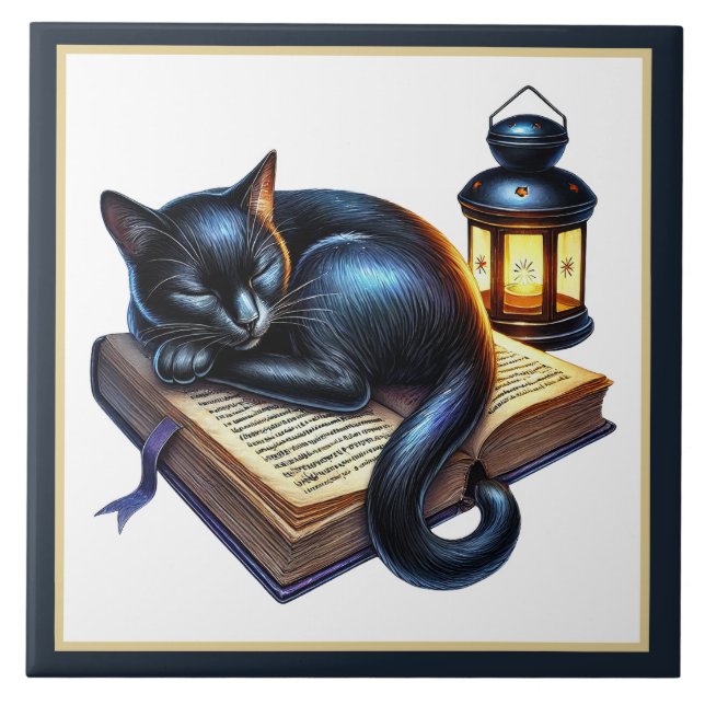Cute cat reading nook library book lovers  ceramic tile (Front)