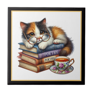 Cute cat reading nook library book lovers ceramic tile