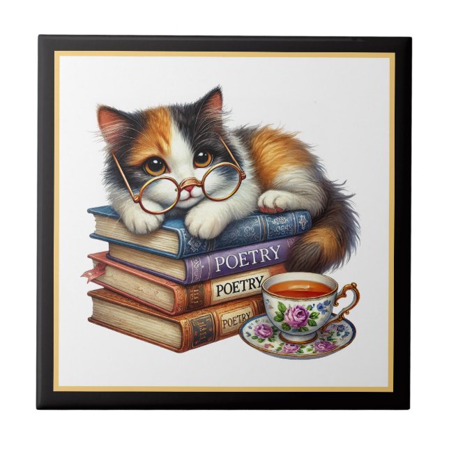 Cute cat reading nook library book lovers  ceramic tile (Front)