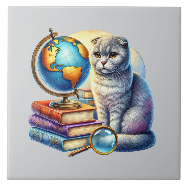 Cute cat reading nook library book lovers  ceramic tile (Front)