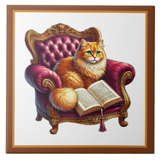 Cute cat reading nook library book lovers  ceramic tile