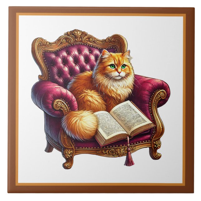 Cute cat reading nook library book lovers  ceramic tile (Front)