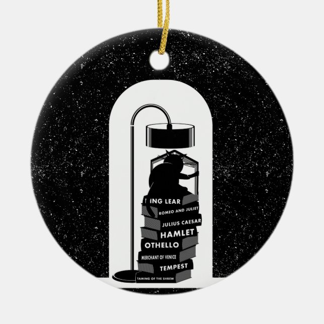 Cute Cat Reading Shakespeare Plays Ceramic Tree Decoration (Front)