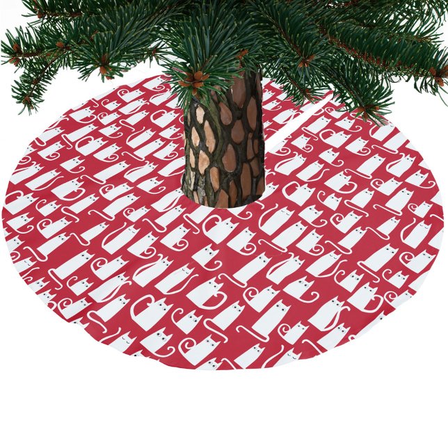 Cute Cat Red and White Brushed Polyester Tree Skirt (Fun red and white kitty cat pattern festive Christmas tree skirt)