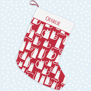 Cute Cat Red and White Personalised Large Christmas Stocking