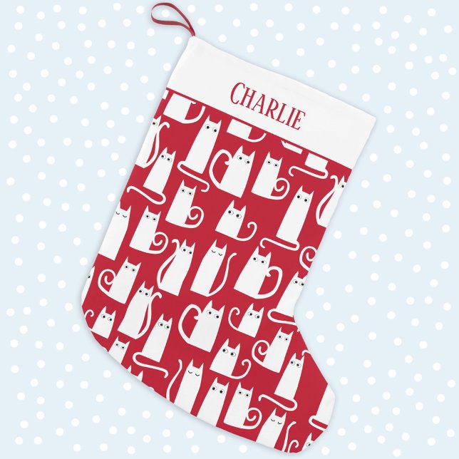 Cute Cat Red and White Personalised Large Christmas Stocking (Creator Uploaded)