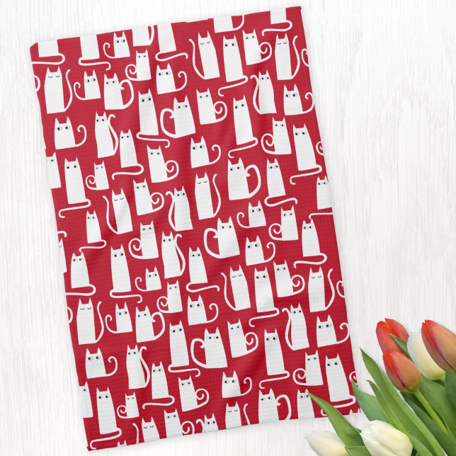 Cute Cat Red and White Tea Towel (Red and white cat pattern kitchen towel)