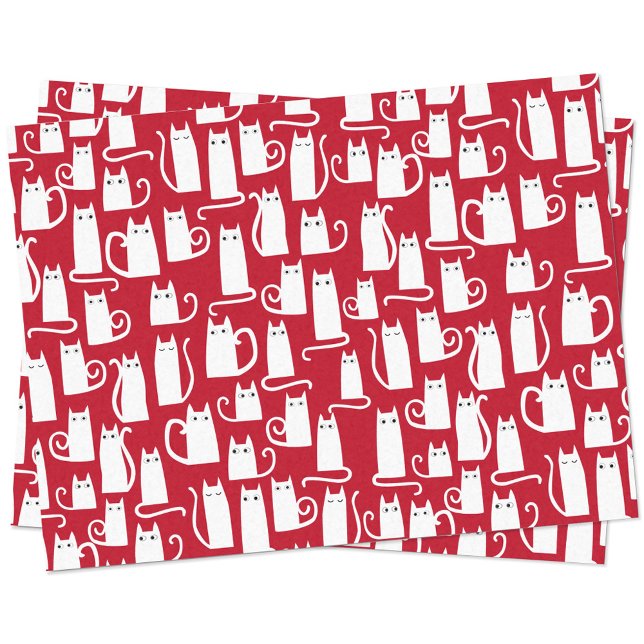 Cute Cat Red and White Tissue Paper (Red and white cat festive tissue paper)