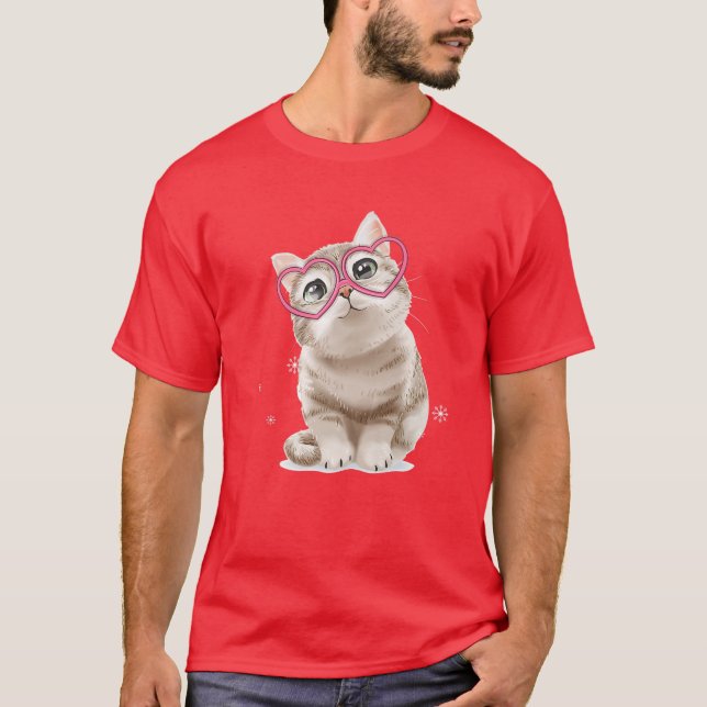 Cute Cat Red Glasses Heart Headband Happy Valentin T-Shirt (Front)