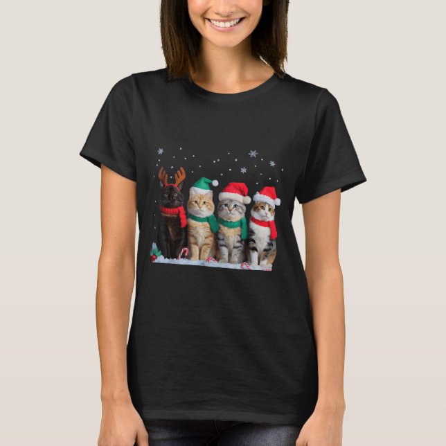 Cute Cat Reindeer Light Christmas Cat Funny Santa  T-Shirt (Front)