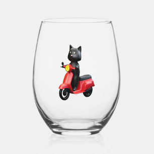 CUTE CAT riding a motocycle Classic T-Shirt (1) Stemless Wine Glass