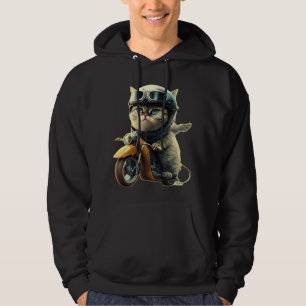 Cute cat riding a motorcycle wearing an helmet hoodie
