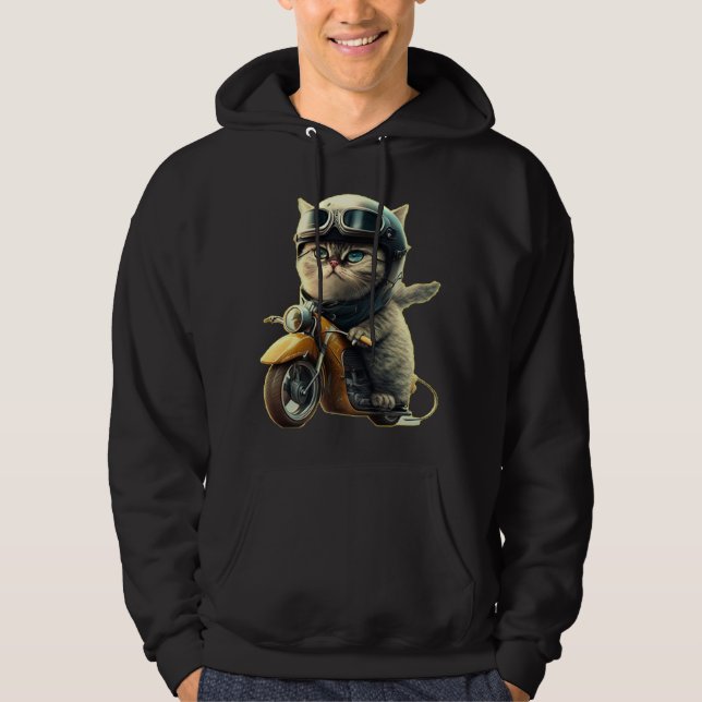 Cute cat riding a motorcycle wearing an helmet hoodie (Front)