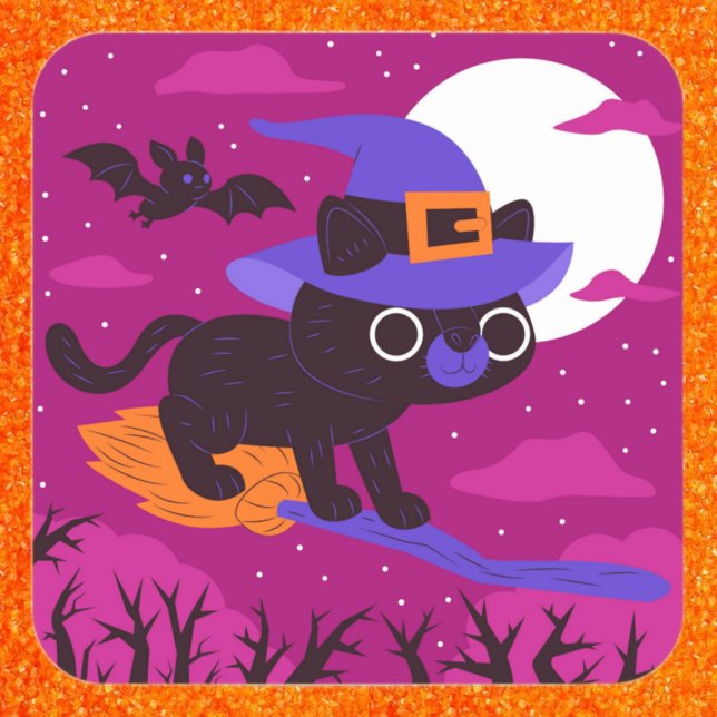 Cute Cat riding broom Halloween Square Sticker (Creator Uploaded)
