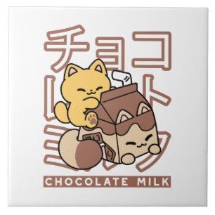 Cute Cat Riding Chocolate Milk Carton Kawaii Art Ceramic Tile
