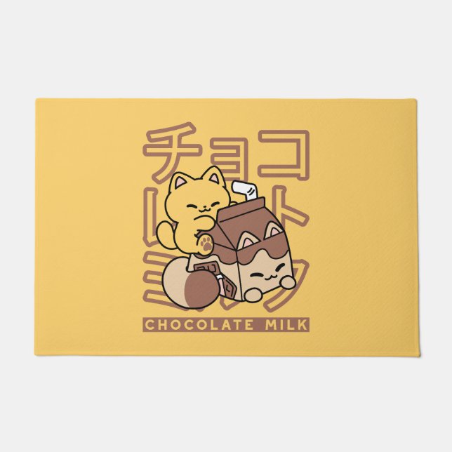 Cute Cat Riding Chocolate Milk Carton Kawaii Art Doormat (Front)