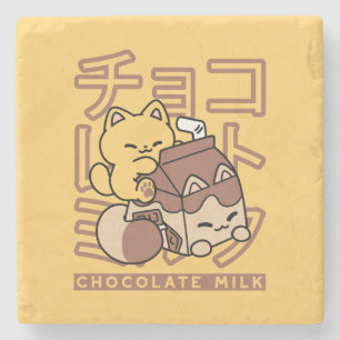 Cute Cat Riding Chocolate Milk Carton Kawaii Art Stone Coaster