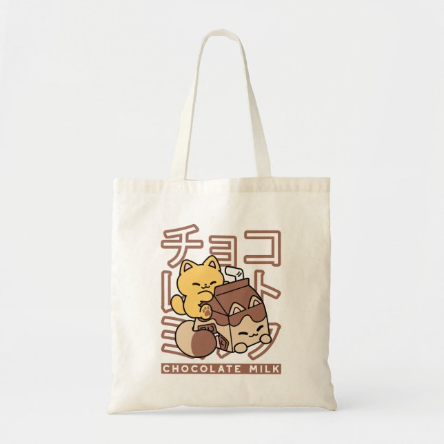 Cute Cat Riding Chocolate Milk Carton Kawaii Art Tote Bag (Front)