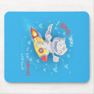 Cute Cat Rocket Blanket Cat Moon And Back Mouse Pad