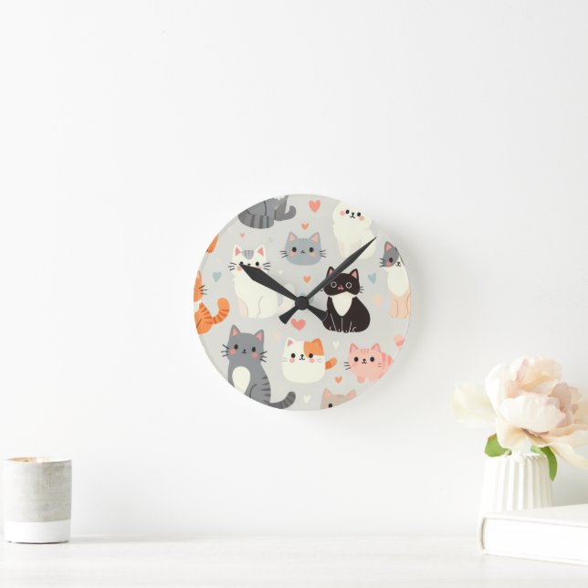 cute cat round clock (Home)
