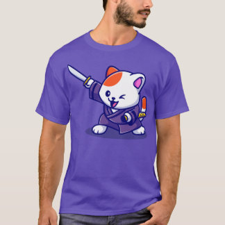 Cute Cat Samurai With Sword Cartoon T-Shirt