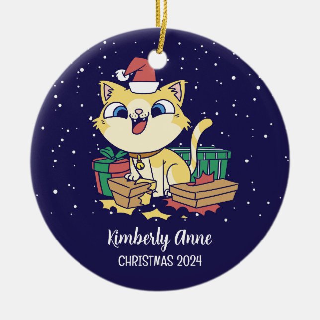 Cute Cat Santa Christmas Snowy Winter Holiday Ceramic Ornament (Front)