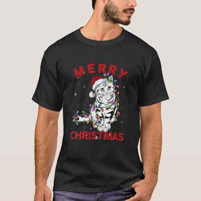 Cute Cat Santa Hat Christmas Lights Funny Cat Love T-Shirt (Front)