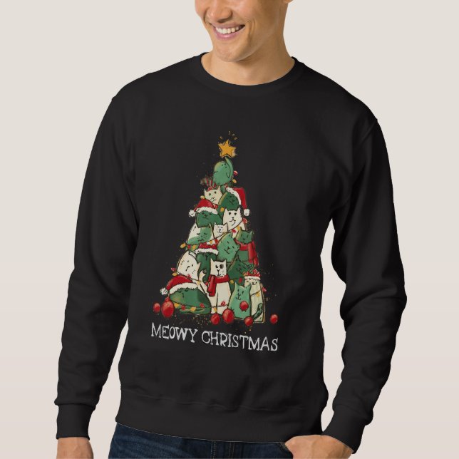 Cute Cat Santa Hat Christmas Tree Cat  Meowy Xmas Sweatshirt (Front)