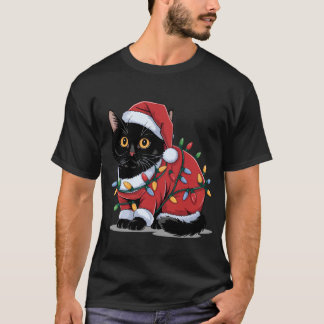 Cute Cat Santa Hat Costume Christmas Lights  T-Shirt