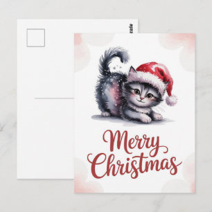 Cute Cat Santa Hat Merry Christmas Winter Postcard