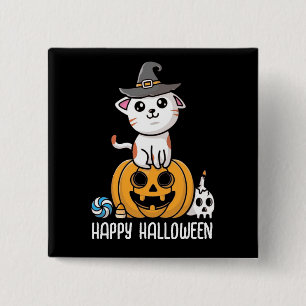 Cute Cat Sat on Pumpkin Halloween 15 Cm Square Badge