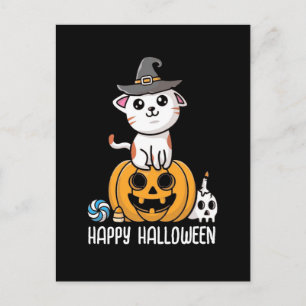 Cute Cat Sat on Pumpkin Halloween Postcard