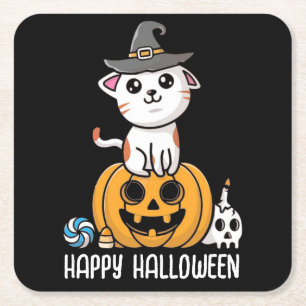 Cute Cat Sat on Pumpkin Halloween Square Paper Coaster