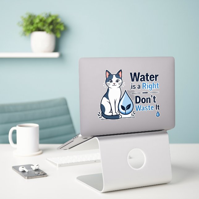 Cute Cat Save Water Eco Friendly Vinyl  (Laptop On Desk)
