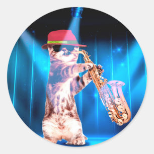 Cute Cat Saxophonist Classic Round Sticker