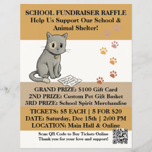 Cute Cat School Fundraiser Raffle Flyer with QR.