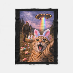 Cute Cat Selfie with Easter Bunny Bigfoot UFO for Fleece Blanket